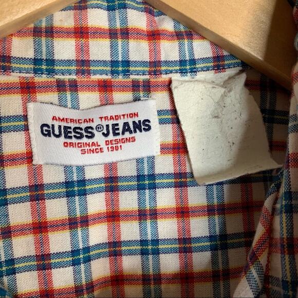 VINTAGE GUESS Micro Plaid Top Large L White Red Blue Buttons 80s - Picture 5 of 5